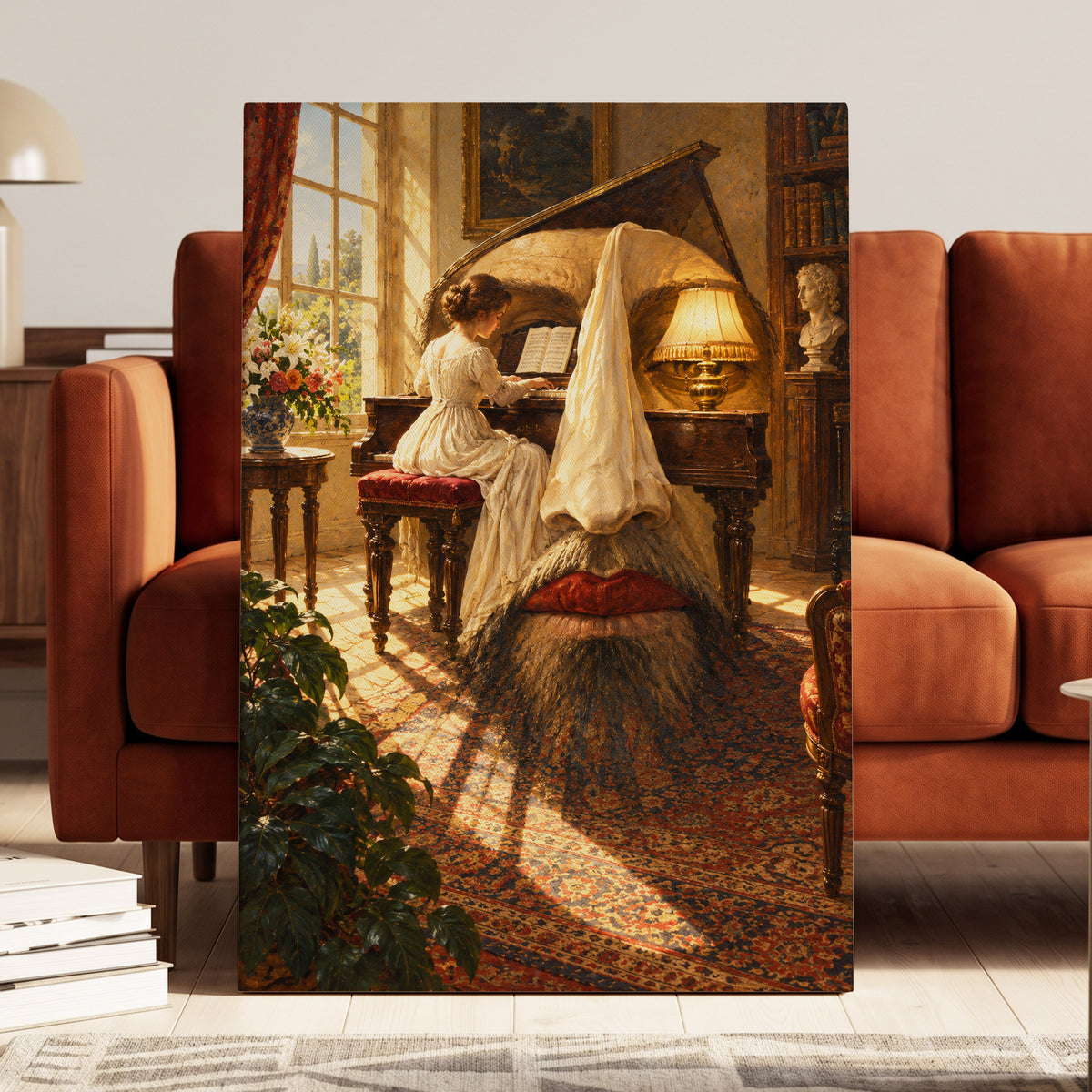 The Sunlit Sonata, gold, brown, beige abstract wall art on canvas displayed in a styled interior, gallery view 2