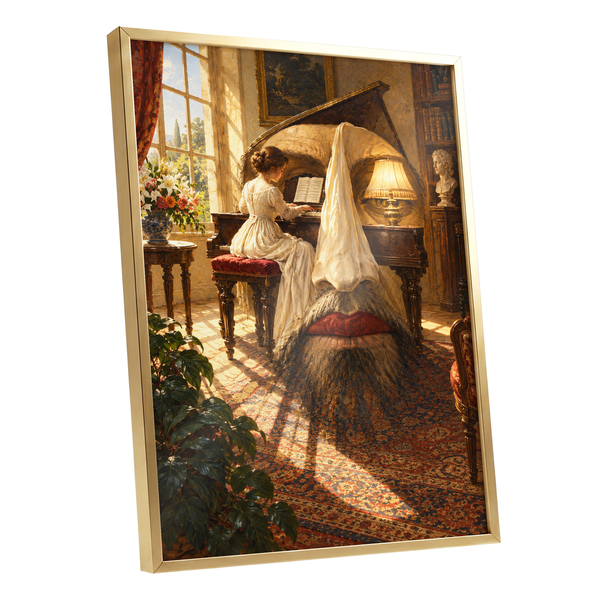 The Sunlit Sonata, gold, brown, beige abstract wall art shown as a gold framed poster wall art print