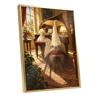 The Sunlit Sonata, gold, brown, beige abstract wall art shown as a gold framed poster wall art print