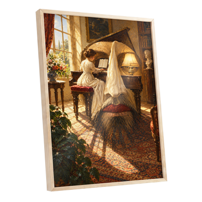 The Sunlit Sonata, gold, brown, beige abstract wall art shown as a oak framed poster wall art print