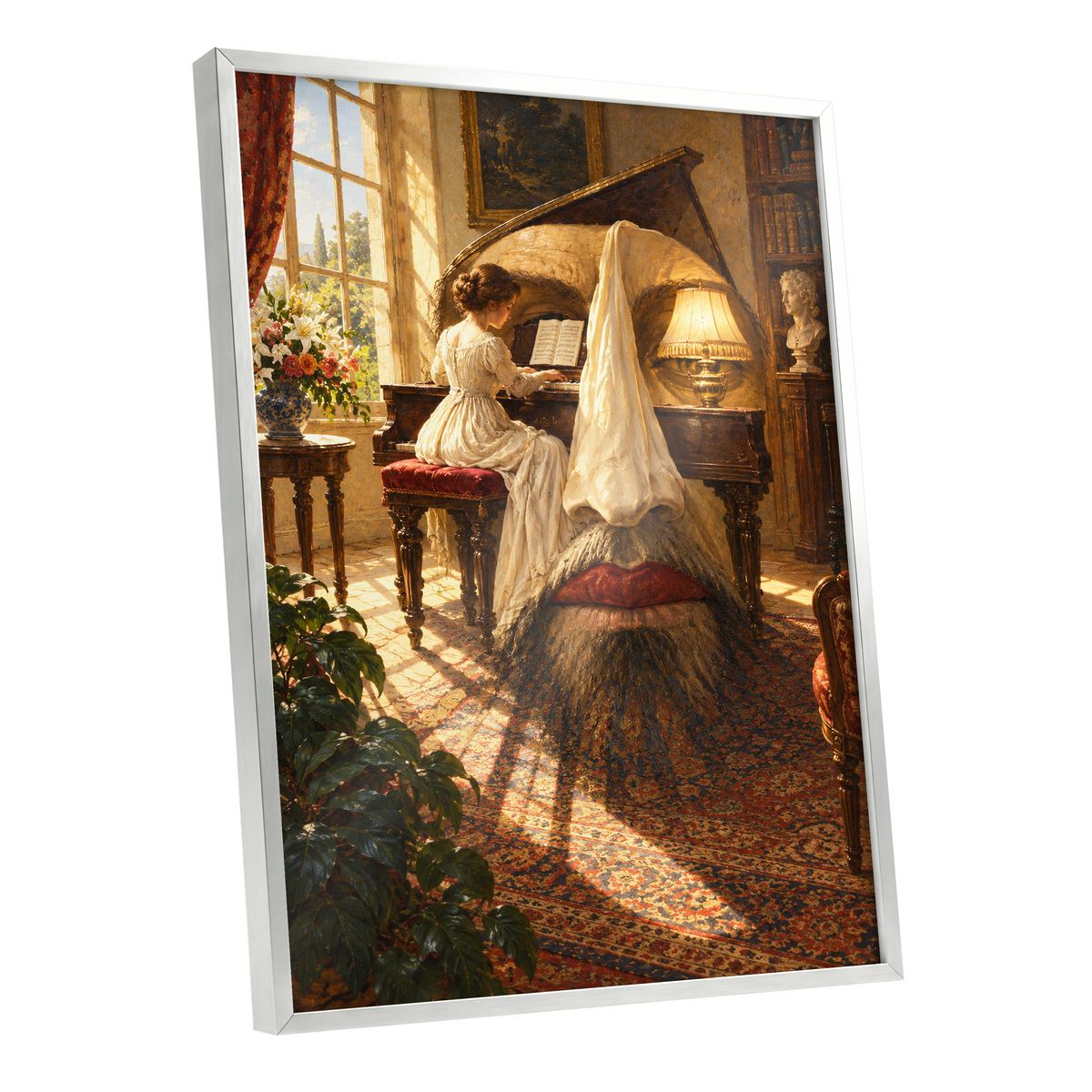 The Sunlit Sonata, gold, brown, beige abstract wall art shown as a silver framed poster wall art print