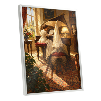 The Sunlit Sonata, gold, brown, beige abstract wall art shown as a silver framed poster wall art print