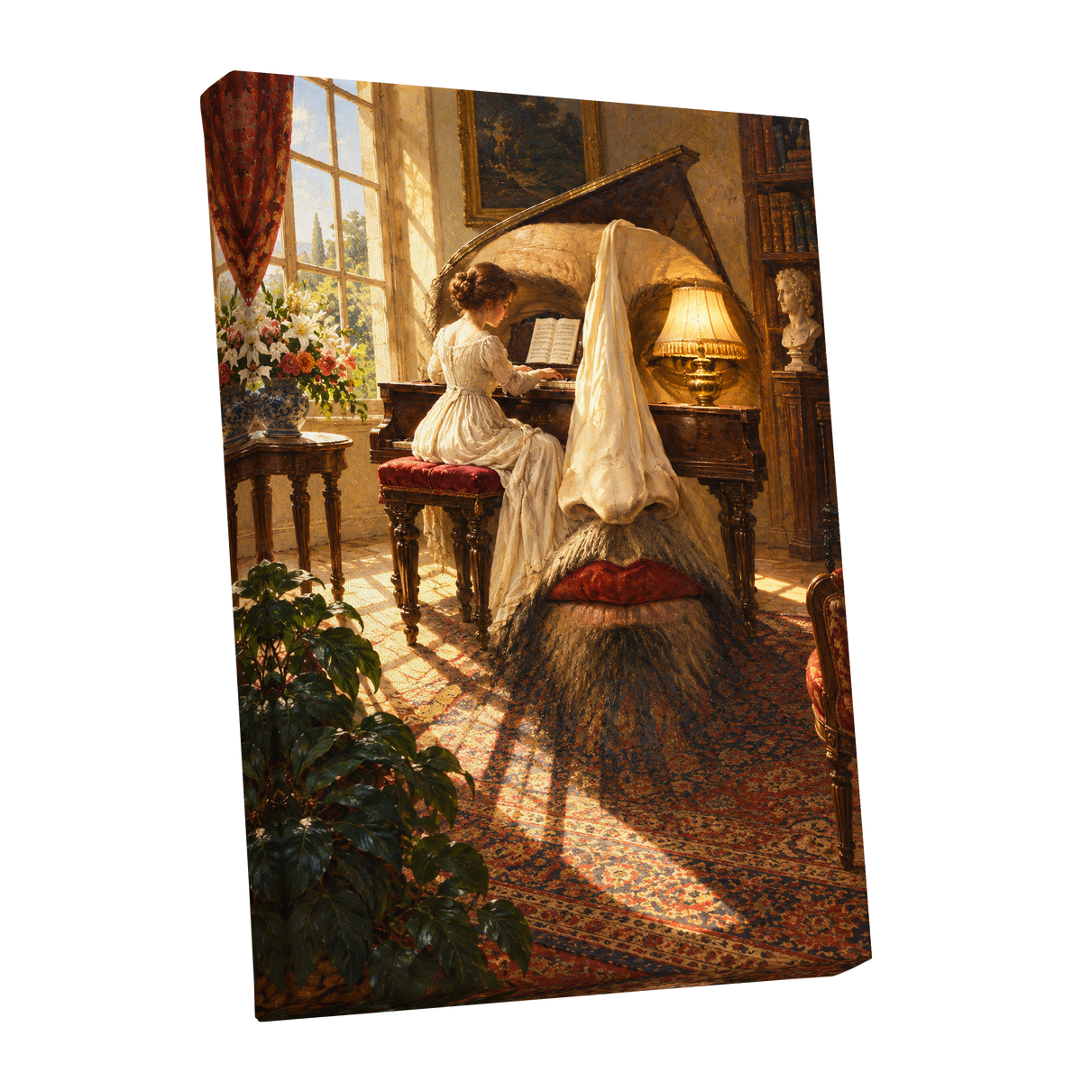 The Sunlit Sonata, gold, brown, beige abstract wall art shown as a stretched canvas wall art