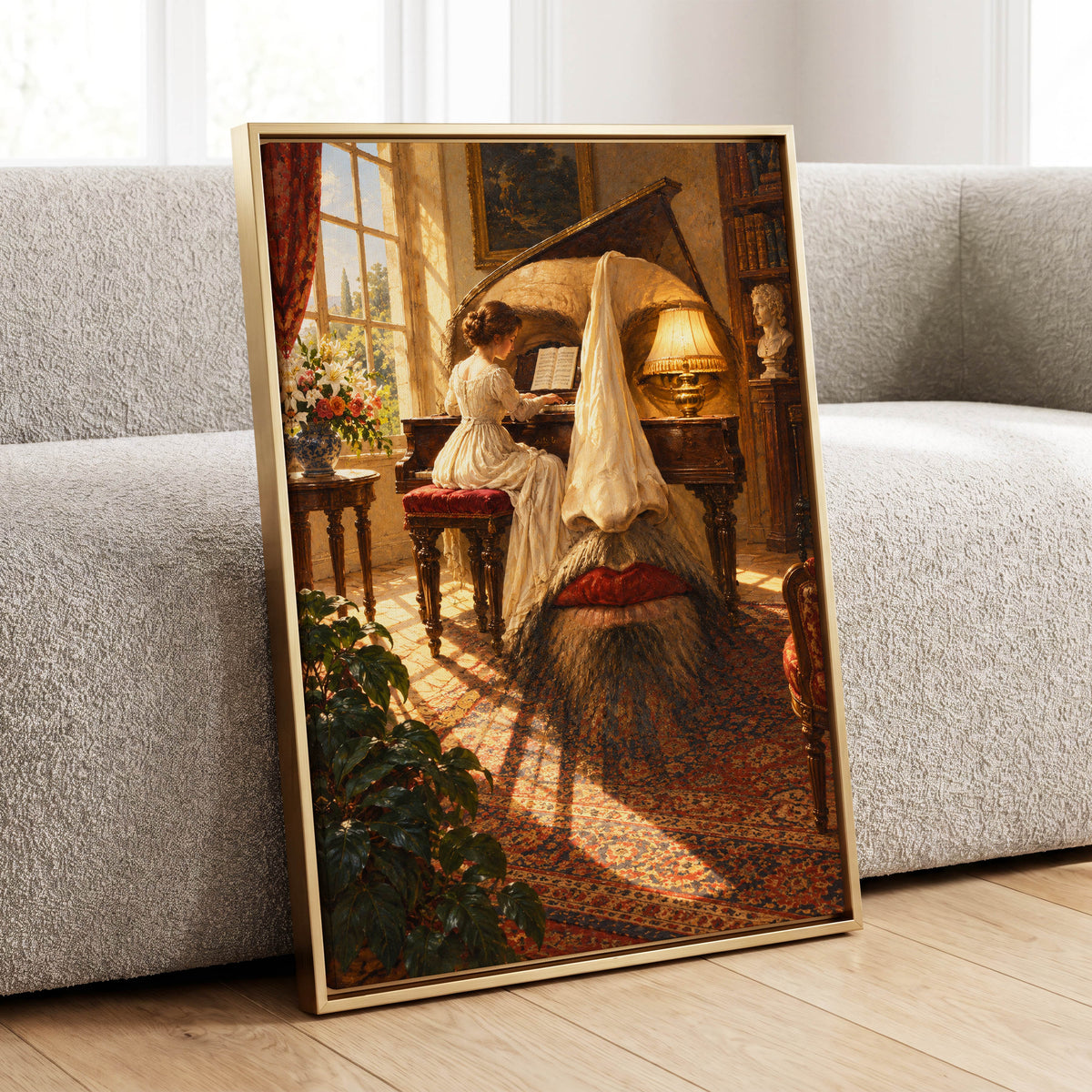 The Sunlit Sonata, gold, brown, beige abstract wall art displayed in a styled interior, gallery view 1