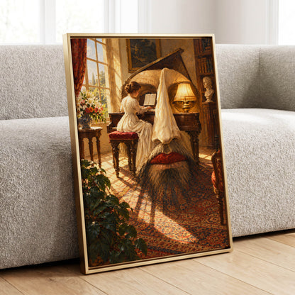 The Sunlit Sonata, gold, brown, beige abstract wall art displayed in a styled interior, gallery view 1