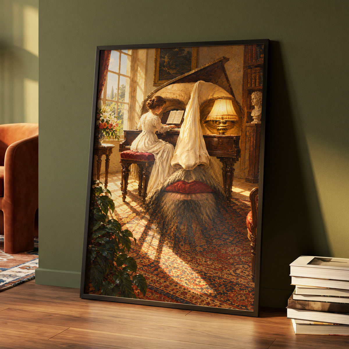 The Sunlit Sonata, gold, brown, beige abstract wall art displayed in a styled interior, gallery view 3