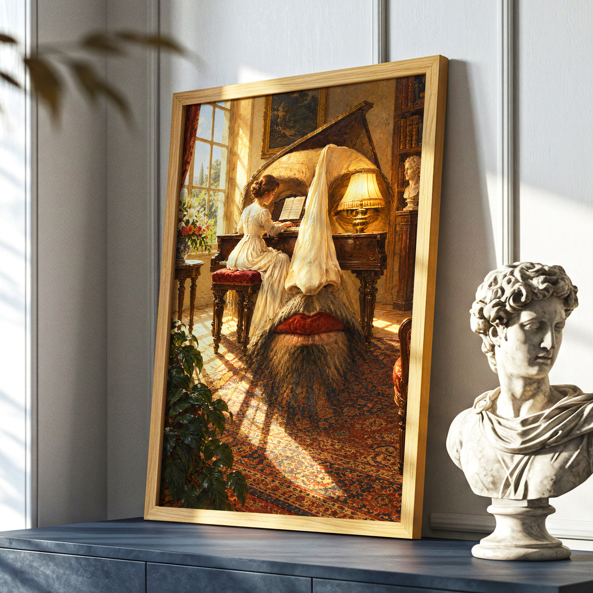 The Sunlit Sonata, gold, brown, beige abstract wall art displayed in a styled interior, gallery view 5