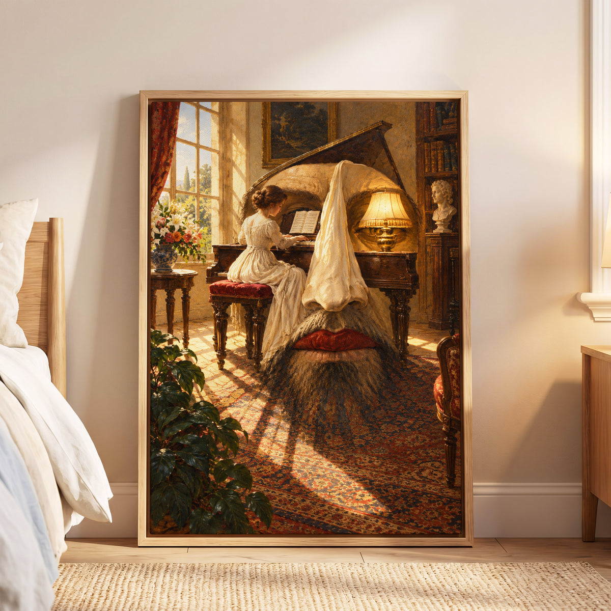 The Sunlit Sonata, gold, brown, beige abstract wall art displayed in a styled interior, gallery view 6