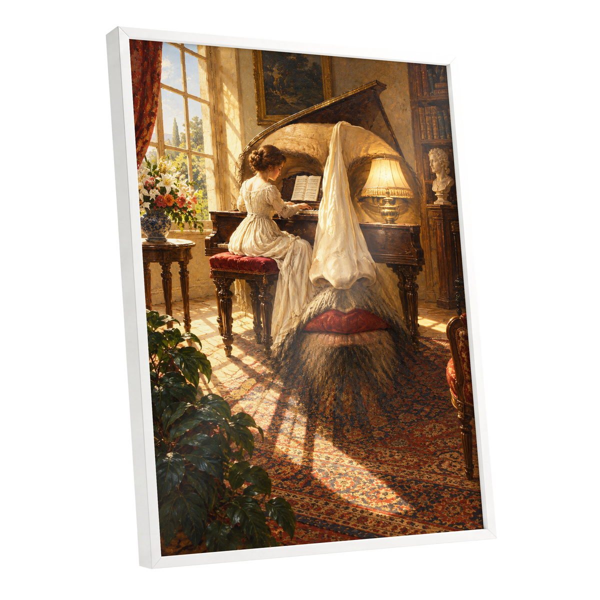 The Sunlit Sonata, gold, brown, beige abstract wall art shown as a white framed poster wall art print