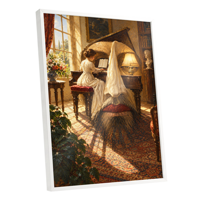 The Sunlit Sonata, gold, brown, beige abstract wall art shown as a white framed poster wall art print