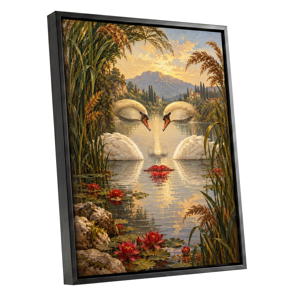 The Swan Mirage, green, gold, white nature wall art shown as a black framed canvas wall art