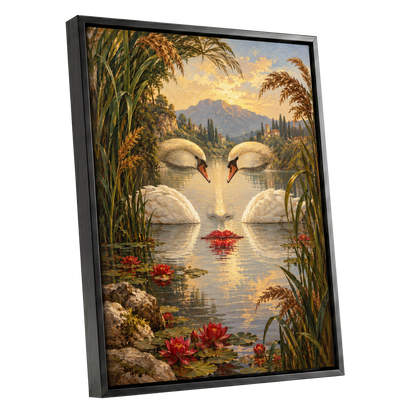 The Swan Mirage, green, gold, white nature wall art shown as a black framed canvas wall art