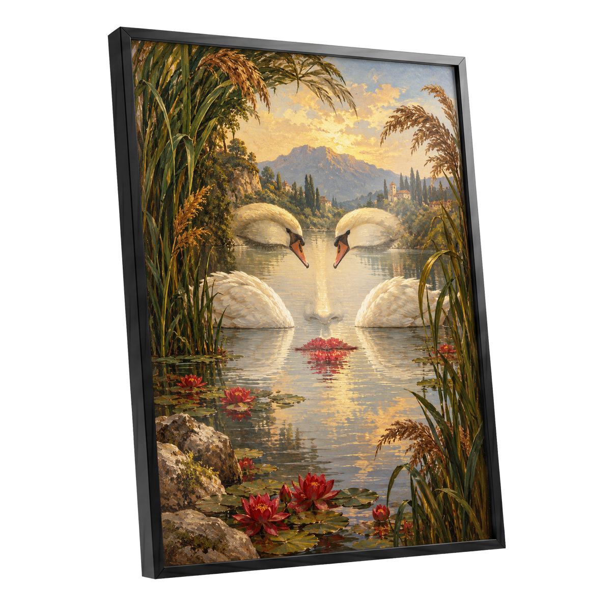 The Swan Mirage, green, gold, white nature wall art shown as a black framed poster wall art print