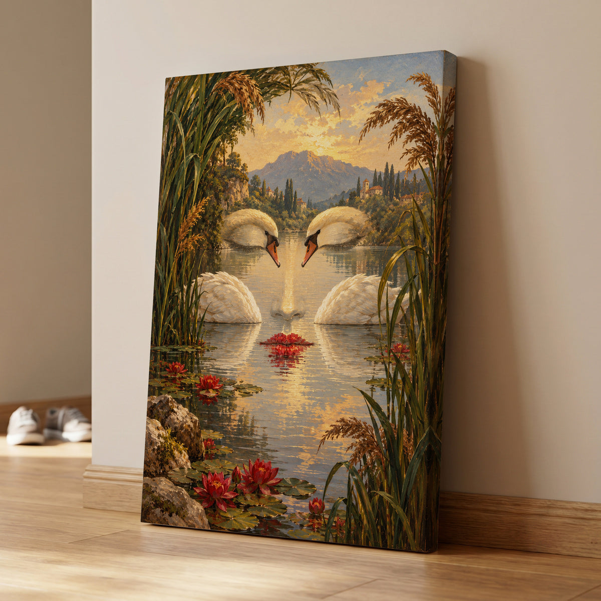 The Swan Mirage, green, gold, white nature wall art on canvas displayed in a styled interior, gallery view 1