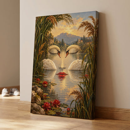 The Swan Mirage, green, gold, white nature wall art on canvas displayed in a styled interior, gallery view 1