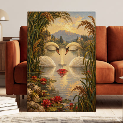 The Swan Mirage, green, gold, white nature wall art on canvas displayed in a styled interior, gallery view 2