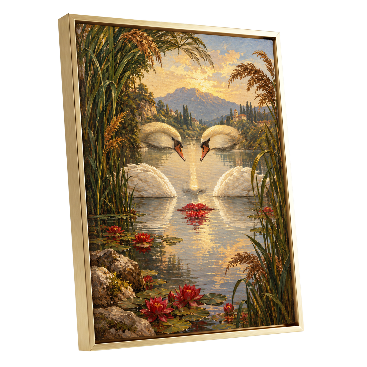 The Swan Mirage, green, gold, white nature wall art shown as a gold framed canvas wall art