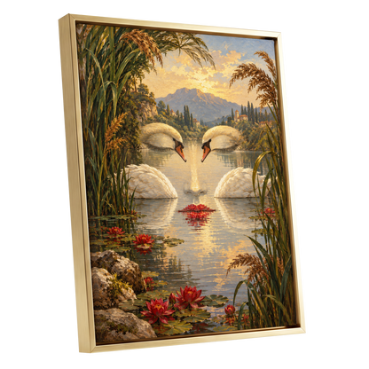 The Swan Mirage, green, gold, white nature wall art shown as a gold framed canvas wall art