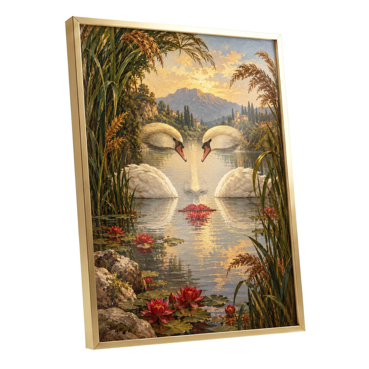 The Swan Mirage, green, gold, white nature wall art shown as a gold framed poster wall art print