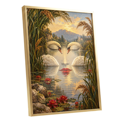 The Swan Mirage, green, gold, white nature wall art shown as a gold framed poster wall art print