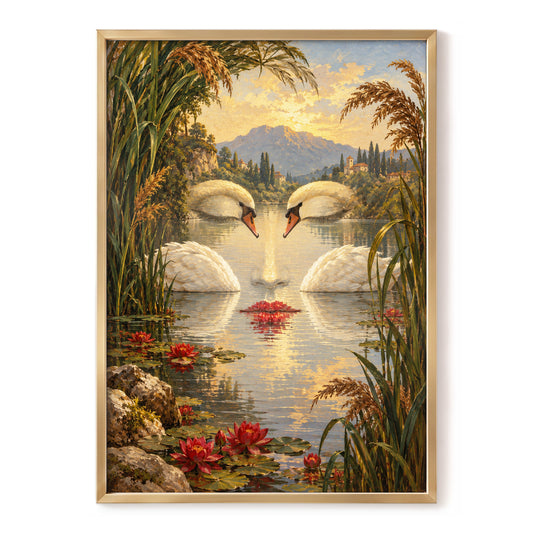 The Swan Mirage, green, gold, white nature wall art, front artwork view