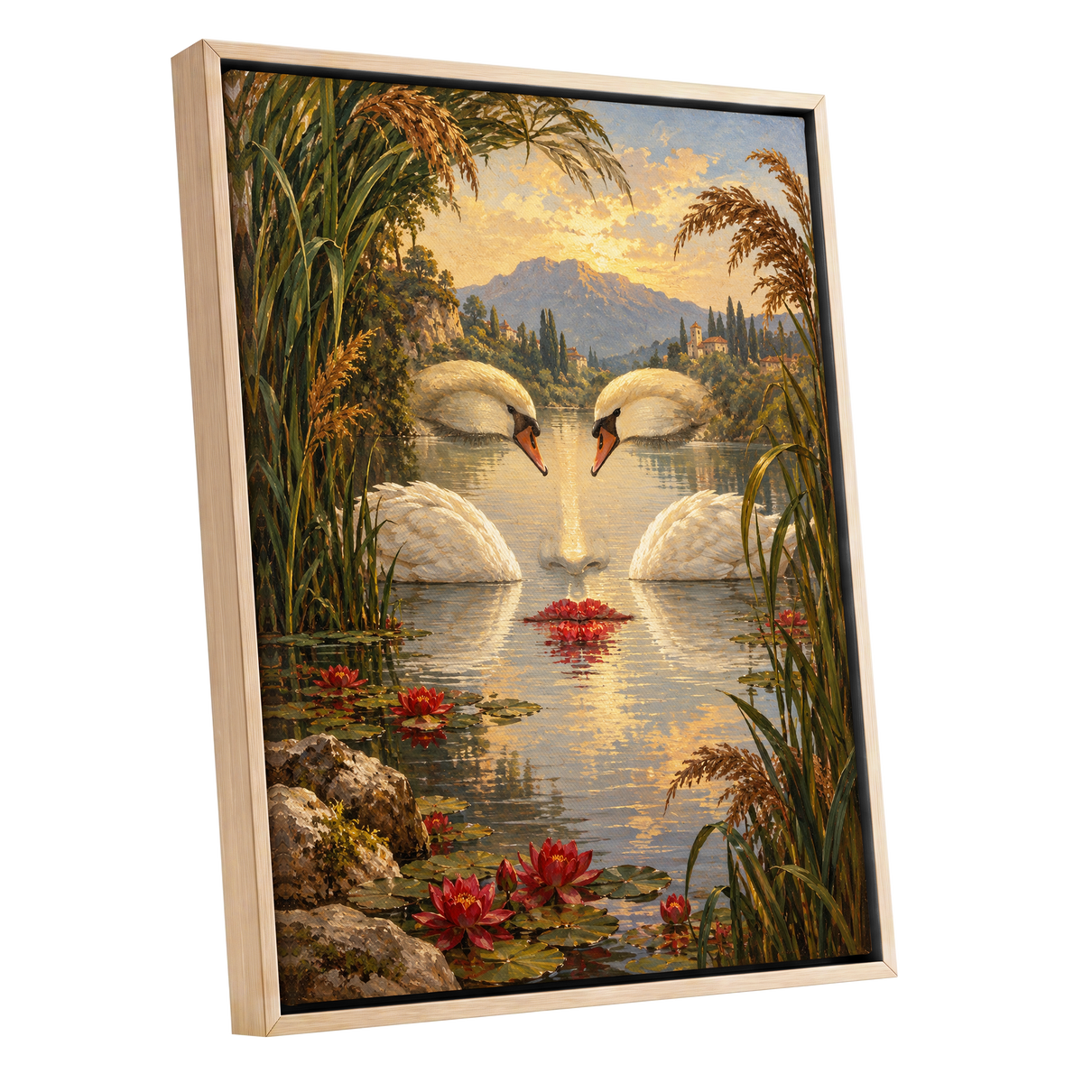 The Swan Mirage, green, gold, white nature wall art shown as a oak framed canvas wall art