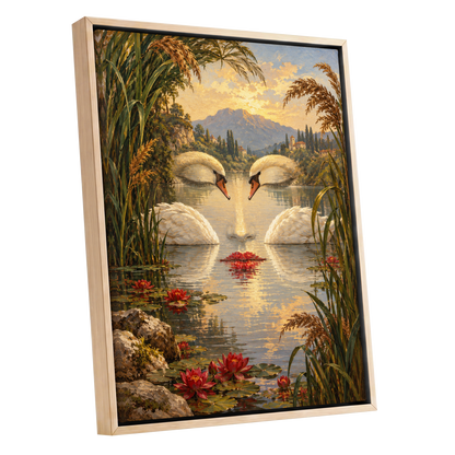 The Swan Mirage, green, gold, white nature wall art shown as a oak framed canvas wall art