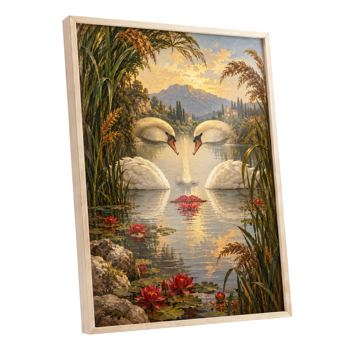 The Swan Mirage, green, gold, white nature wall art shown as a oak framed poster wall art print