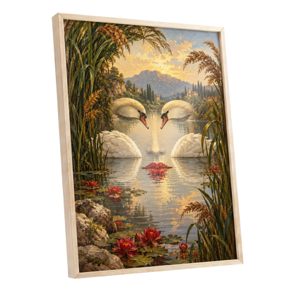 The Swan Mirage, green, gold, white nature wall art shown as a oak framed poster wall art print