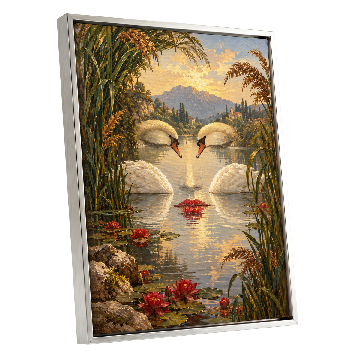 The Swan Mirage, green, gold, white nature wall art shown as a silver framed canvas wall art