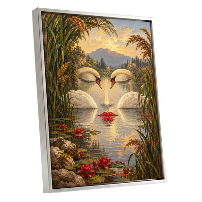 The Swan Mirage, green, gold, white nature wall art shown as a silver framed canvas wall art