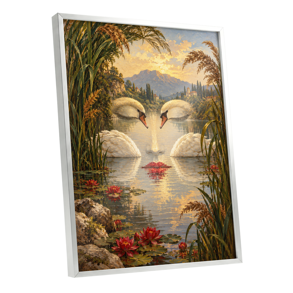 The Swan Mirage, green, gold, white nature wall art shown as a silver framed poster wall art print
