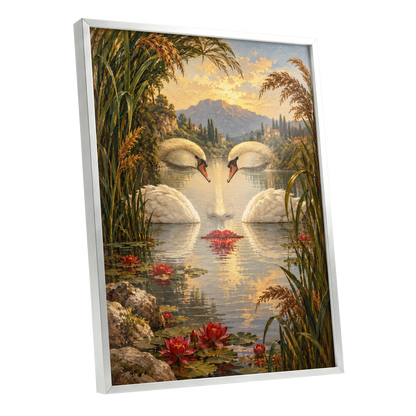The Swan Mirage, green, gold, white nature wall art shown as a silver framed poster wall art print
