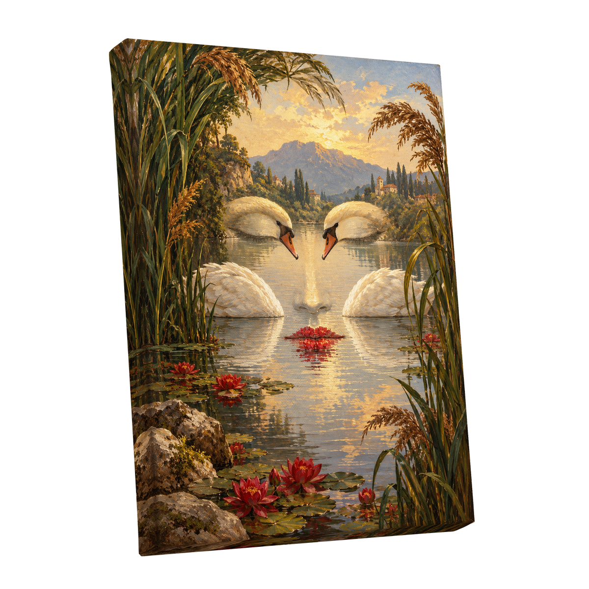 The Swan Mirage, green, gold, white nature wall art shown as a stretched canvas wall art