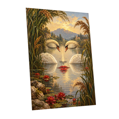 The Swan Mirage, green, gold, white nature wall art shown as a unframed poster wall art print
