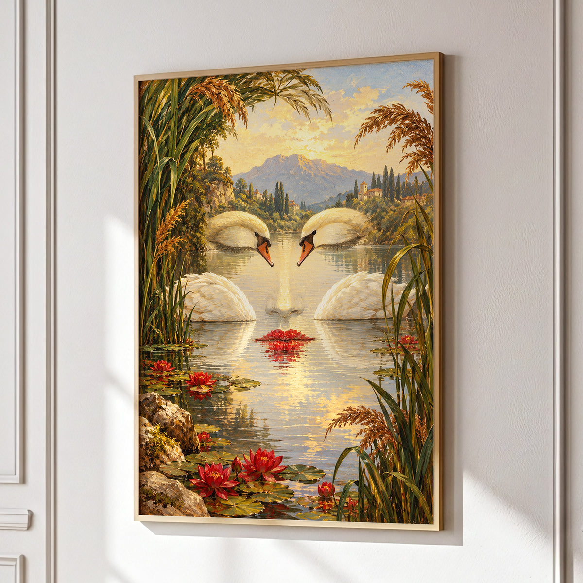 The Swan Mirage, green, gold, white nature wall art displayed in a styled interior, gallery view 1