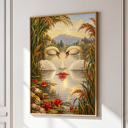 The Swan Mirage, green, gold, white nature wall art displayed in a styled interior, gallery view 1