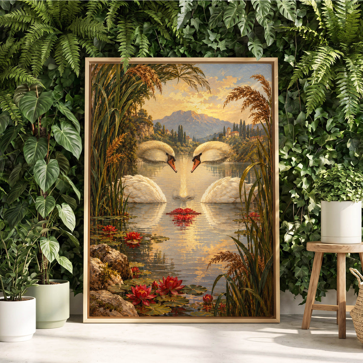 The Swan Mirage, green, gold, white nature wall art displayed in a styled interior, gallery view 2