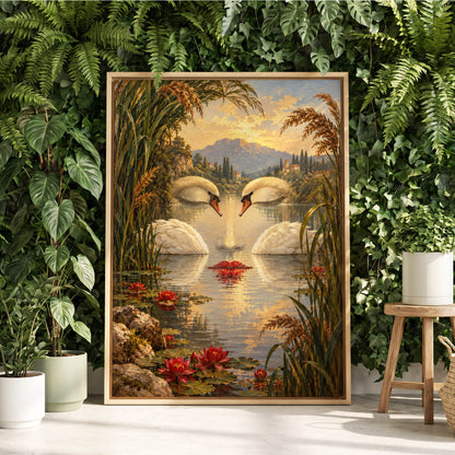 The Swan Mirage, green, gold, white nature wall art displayed in a styled interior, gallery view 2