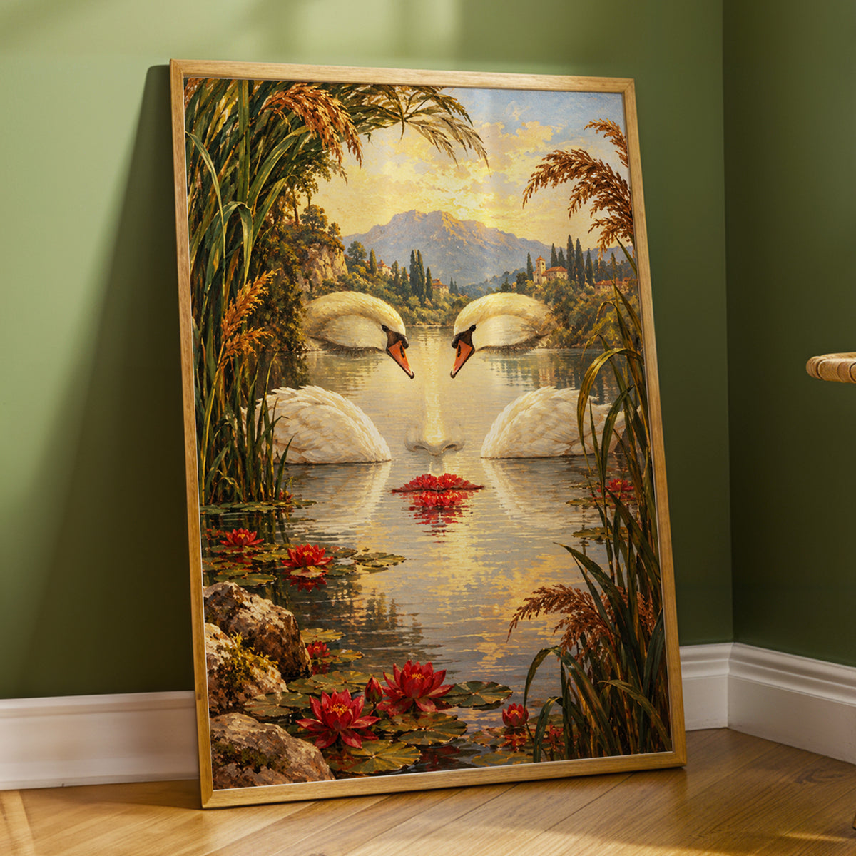 The Swan Mirage, green, gold, white nature wall art displayed in a styled interior, gallery view 3