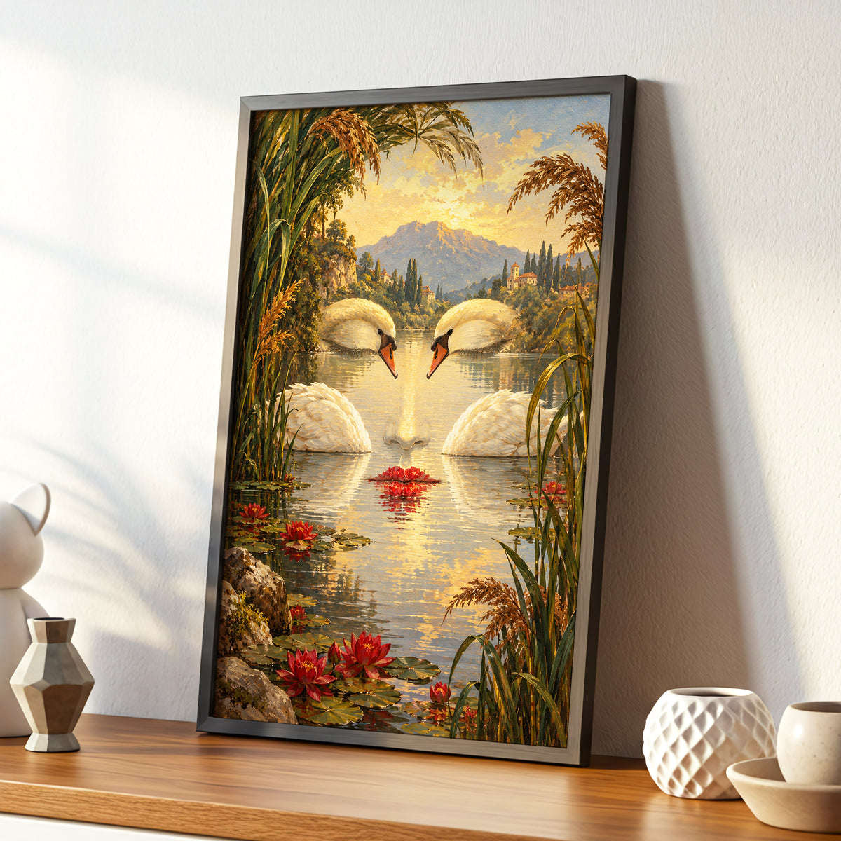 The Swan Mirage, green, gold, white nature wall art displayed in a styled interior, gallery view 4