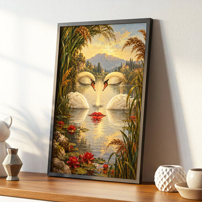 The Swan Mirage, green, gold, white nature wall art displayed in a styled interior, gallery view 4