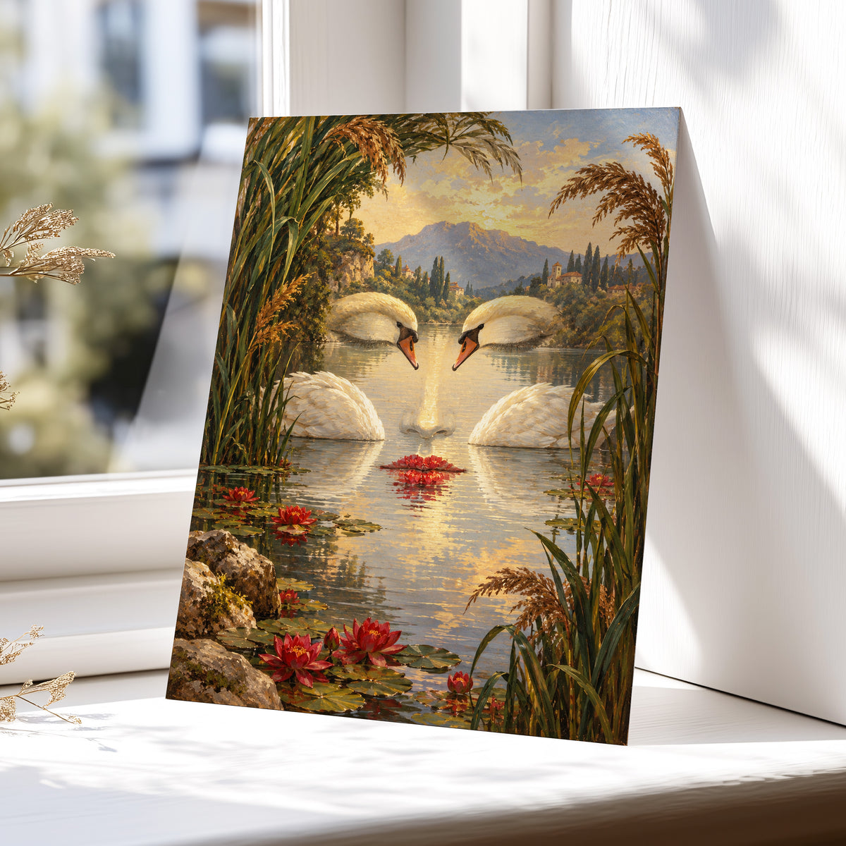 The Swan Mirage, green, gold, white nature wall art displayed in a styled interior, gallery view 5