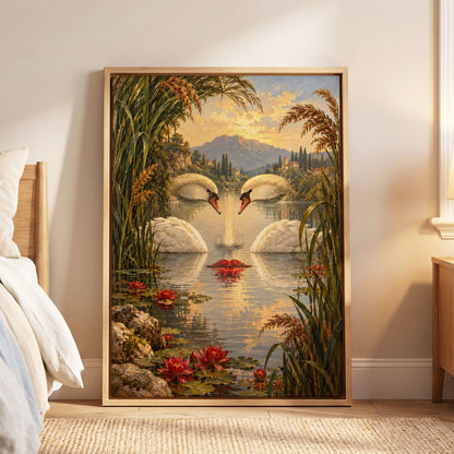 The Swan Mirage, green, gold, white nature wall art displayed in a styled interior, gallery view 6