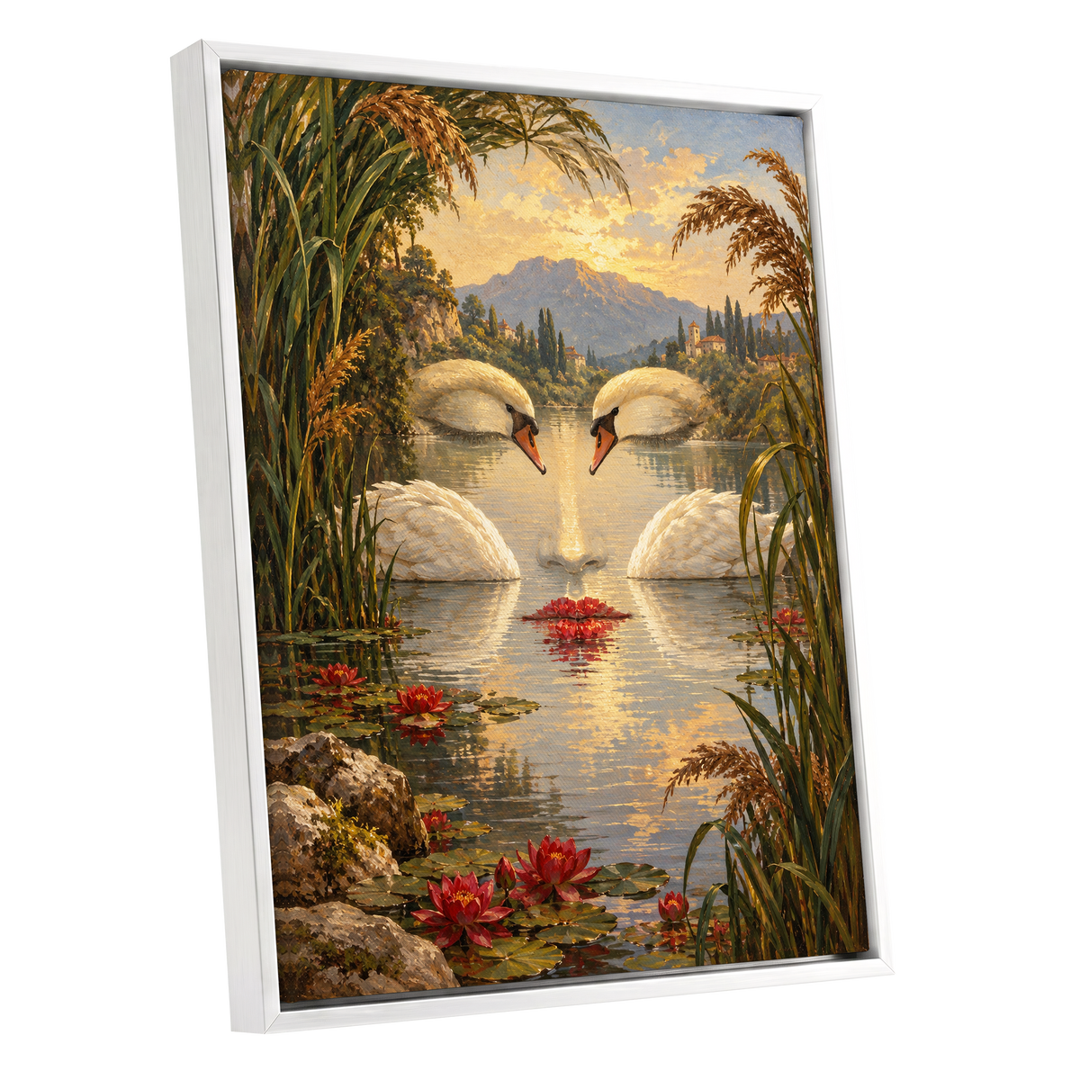 The Swan Mirage, green, gold, white nature wall art shown as a white framed canvas wall art