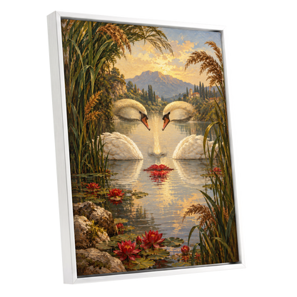 The Swan Mirage, green, gold, white nature wall art shown as a white framed canvas wall art
