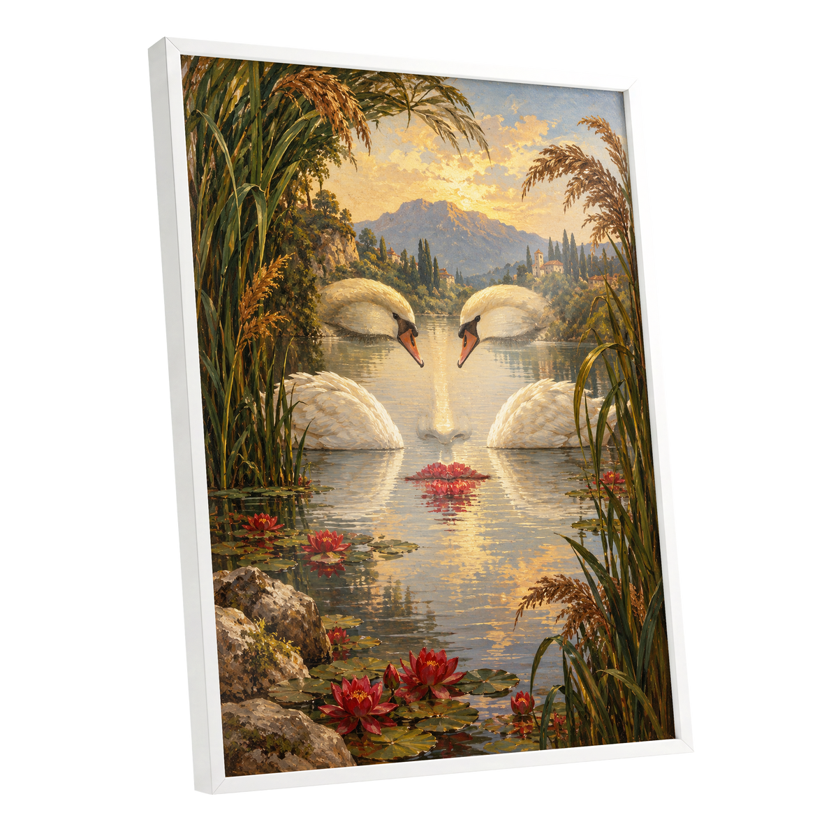 The Swan Mirage, green, gold, white nature wall art shown as a white framed poster wall art print