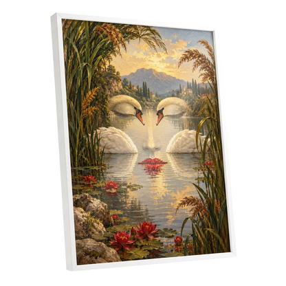 The Swan Mirage, green, gold, white nature wall art shown as a white framed poster wall art print