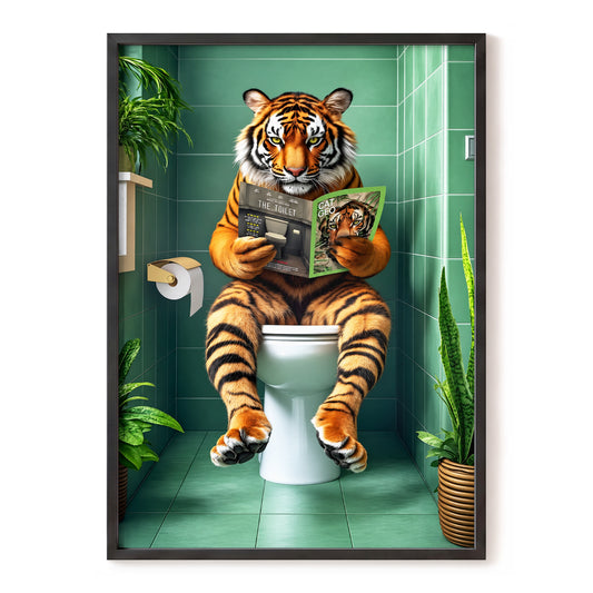 The Tiger's Quiet Read, green, orange, black nature wall art, front artwork view