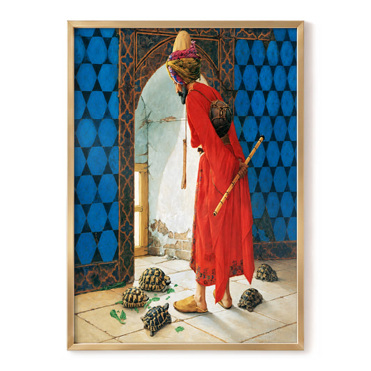 The Tortoise Keeper, blue, red, beige abstract wall art, front artwork view